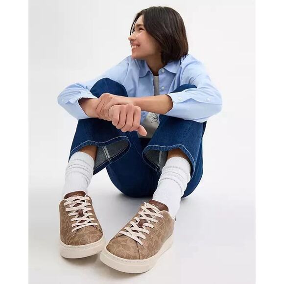 NEW COACH Women's High Line Sneaker In Signature Canvas CW970 Brown Khaki - Picture 8 of 9